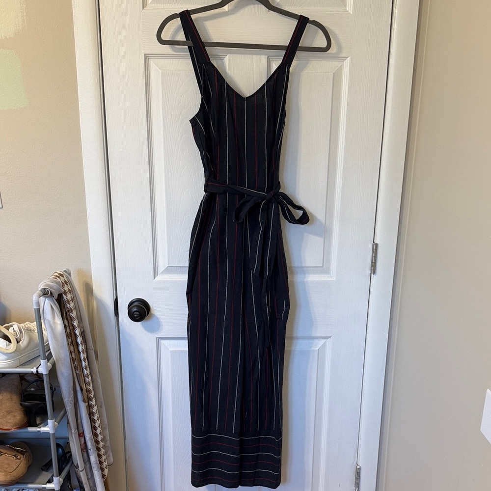 Navy Blue Jumpsuit with Red and White Stripes